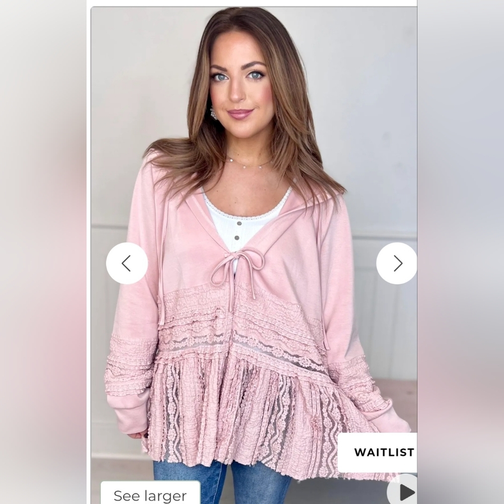 New w/ Tags J.nna Much Ado Etta Lace Trim Hoodie Jacket Baby Pink M